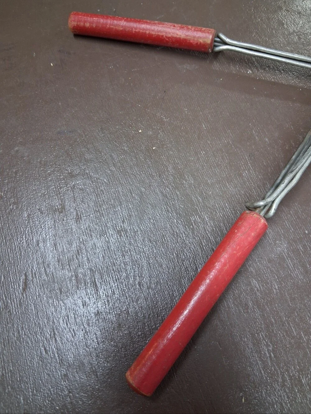 Pair of 2 Vintage metal Red Adjustable Hot Dog Skewer Fork Campfire Wood Handles